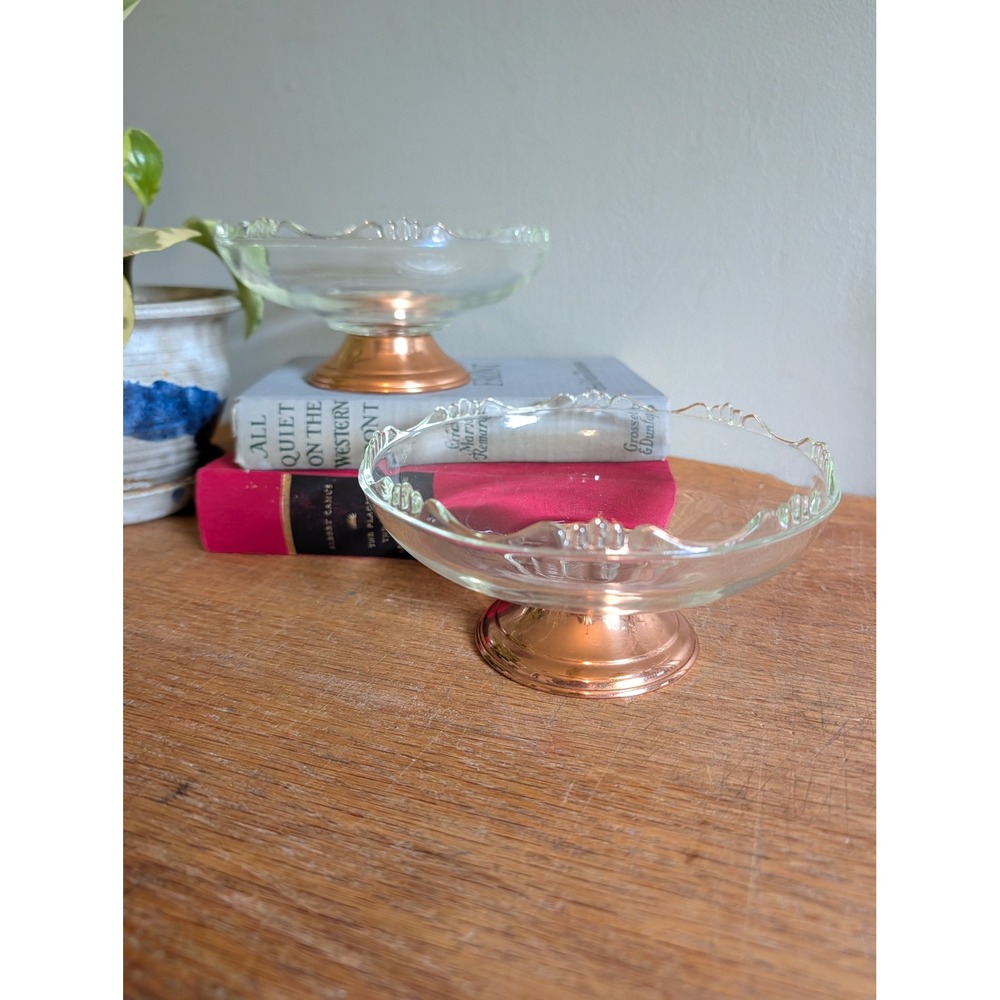 Vintage Mid Century Glass Candy Dishes Scalloped Copper Base Compote Set of 2